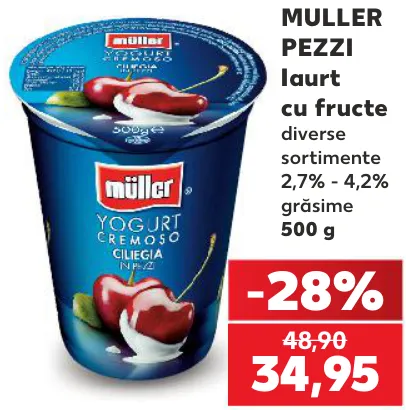 Iaurt cu fructe MULLER PEZZI, diverse sortimente, 2,7%–4,2% grăsime, 500 g