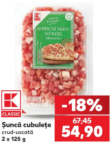 K-CLASSIC Șuncă crud-uscată, cubulețe, 2 x 125 g