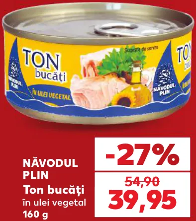 NĂVODUL PLIN ton bucăți în ulei vegetal, 160 g