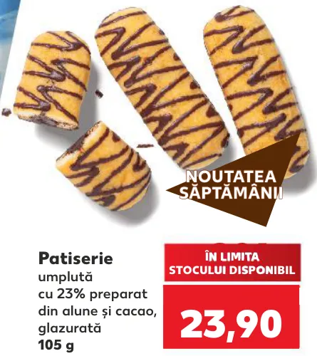 Patiserie glazurată, umplută cu 23% preparat din alune și cacao, 105 g