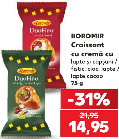 Croissant BOROMIR cu cremă: lapte și căpșuni / fistic și ciocolată cu lapte / lapte și cacao, 75 g