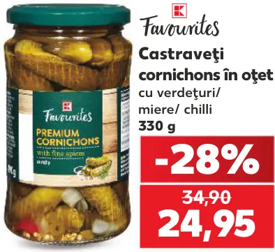 K Favorites Castraveți cornichon în oțet, cu verdețuri / miere / chilli, 330 g