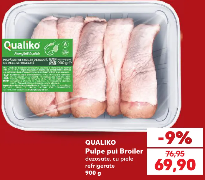 QUALIKO Pulpe de pui broiler dezosate, cu piele, refrigerate, 900 g