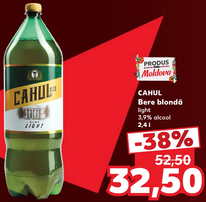 Bere blondă CAHUL Light, 3,9% alcool, 2,4 l