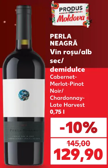 PERLA NEAGRĂ Vin roșu/alb sec/demidulce Cabernet-Merlot-Pinot Noir/Chardonnay-Late Harvest, 0,75 l