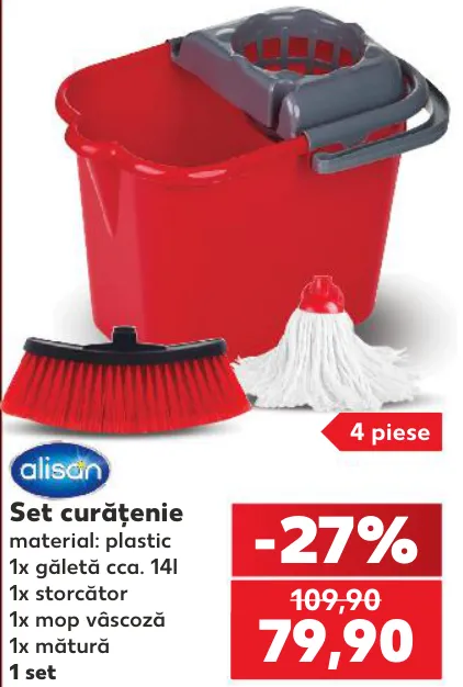 Set de curățenie alisan din plastic: 1 găleată de cca. 14 l, 1 storcător, 1 mop din vâscoză și 1 mătură; 1 set, 4 piese