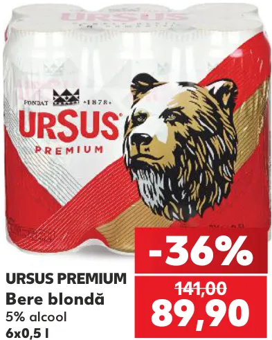 Bere blondă URSUS PREMIUM, 5% alcool, 6 × 0,5 l