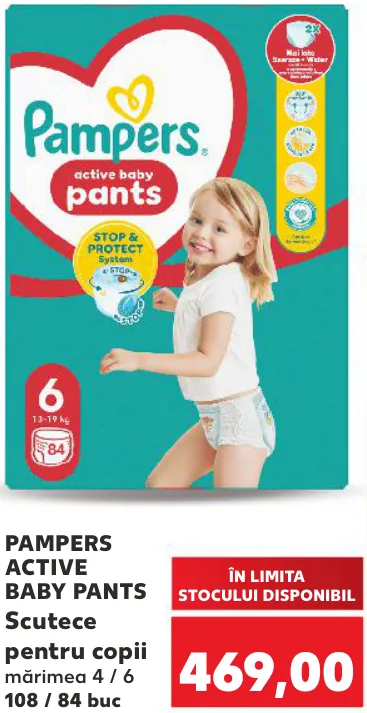 Scutece-chiloței pentru copii PAMPERS ACTIVE BABY PANTS, mărimea 4/6, 108/84 buc.