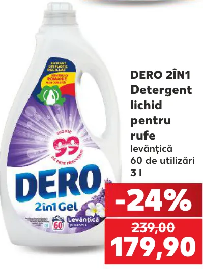 Detergent lichid pentru rufe DERO 2ÎN1, cu levănțică, 60 de utilizări, 3 l