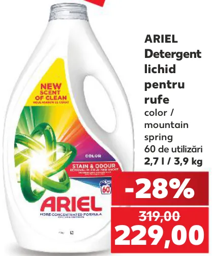 Detergent lichid pentru rufe ARIEL, Color / Mountain Spring, 60 de utilizări, 2,7 l / 3,9 kg