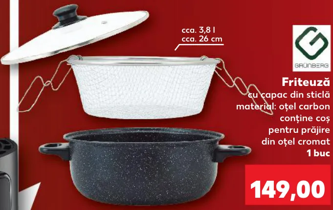 Friteuză GRÜNBERG cu capac din sticlă, cca. 3,8 l, 1 buc.