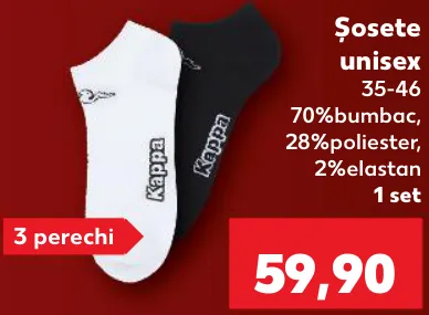 Șosete unisex Kappa, mărimi 35–46, 70% bumbac, 28% poliester, 2% elastan, set de 3 perechi