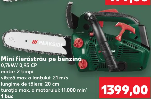 Mini-fierăstrău pe benzină PARKSIDE, 0,7 kW / 0,95 CP, motor în 2 timpi, viteză maximă a lanțului 21 m/s, lungime de tăiere 20 cm, turație maximă a motorului 11.000 min¹, 1 buc.