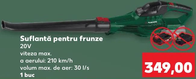 Воздуходувка для листьев PARKSIDE, 20 В, максимальная скорость воздуха 210 км/ч, максимальный расход воздуха 30 л/с, 1 шт.