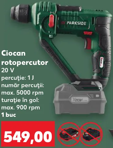 PARKSIDE Ciocan rotopercutor 20 V, percuție: 1 J, număr de percuții: max. 5000 rpm, turație în gol: max. 900 rpm, 1 buc.