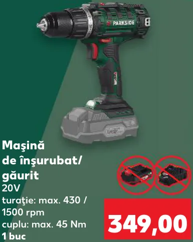 PARKSIDE Mașină de înșurubat/găurit, 20 V, turație max. 430/1500 rpm, cuplu max. 45 Nm, 1 buc