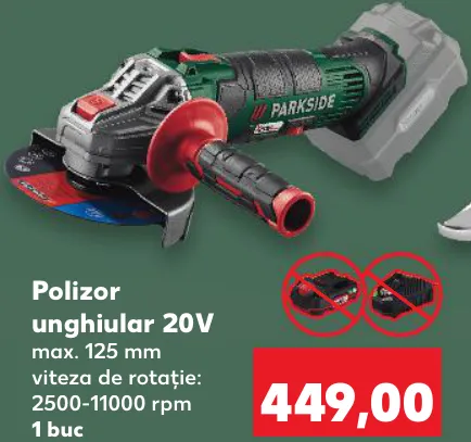 Кутова шліфувальна машина PARKSIDE, 20 В, макс. 125 мм, частота обертання 2500–11000 об/хв, 1 шт.