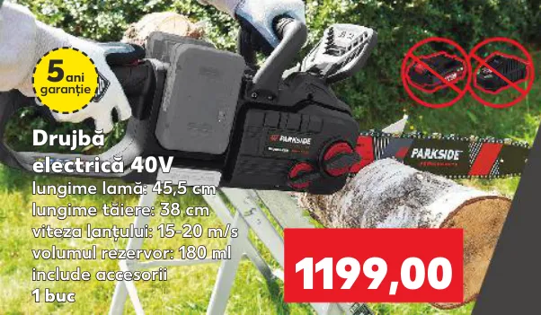PARKSIDE PERFORMANCE Drujbă electrică 40 V, lungimea lamei 45,5 cm, lungimea de tăiere 38 cm, viteza lanțului 15–20 m/s, volumul rezervorului 180 ml, accesorii incluse, 1 buc.