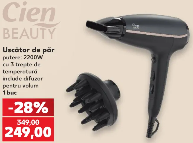 Cien BEAUTY Uscător de păr, 2200 W, 3 trepte de temperatură, cu difuzor pentru volum, 1 buc.