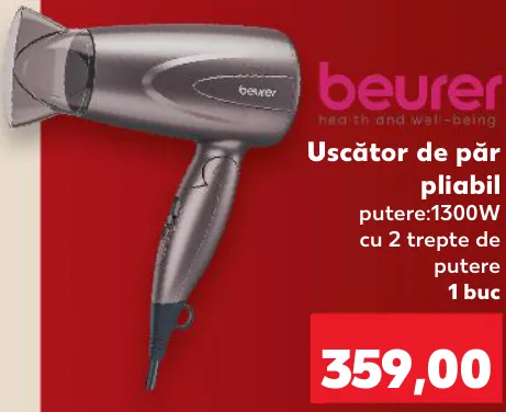 beurer Uscător de păr pliabil, 1300 W, 2 trepte de putere, 1 buc.