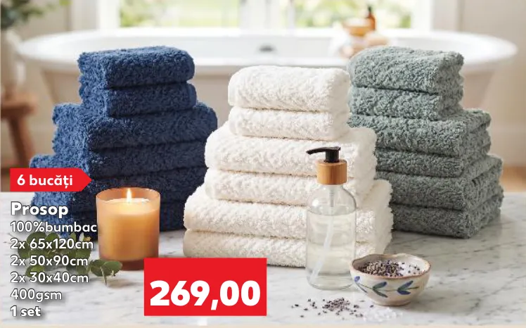 Set de prosoape, 6 bucăți, 100% bumbac: 2 × 65 × 120 cm, 2 × 50 × 90 cm, 2 × 30 × 40 cm, 400 g/m², 1 set