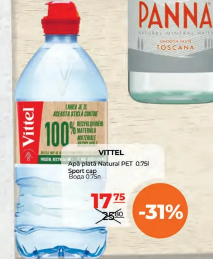 VITTEL негазированная вода Natural в ПЭТ-бутылке, 0,75 л, со спортивной крышкой