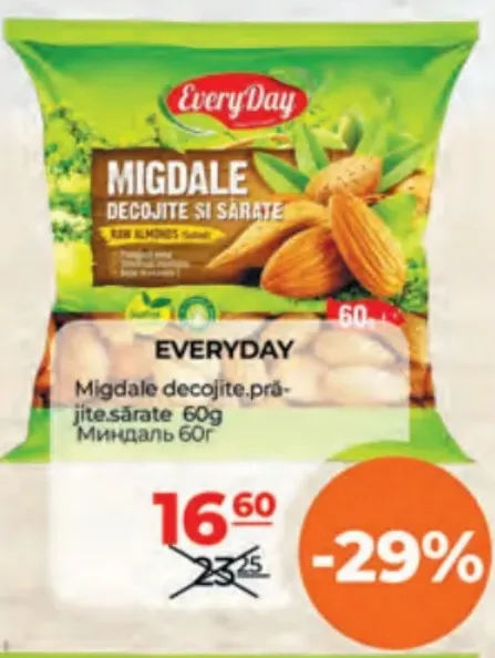 EVERYDAY Migdale decojite, prăjite și sărate, 60 g