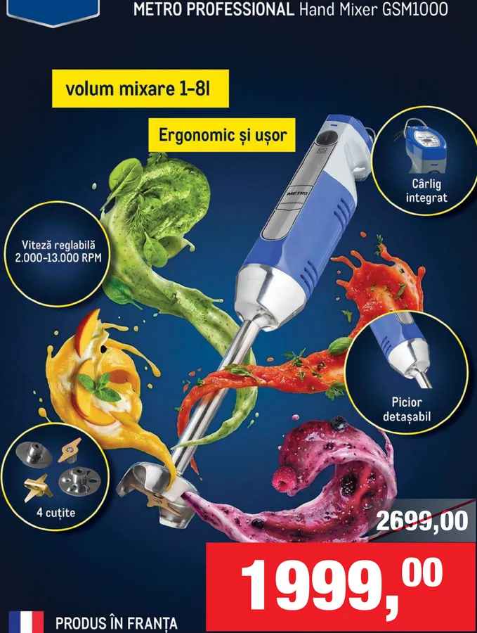 METRO PROFESSIONAL Mixer de mână GSM1000, volum de mixare 1–8 l