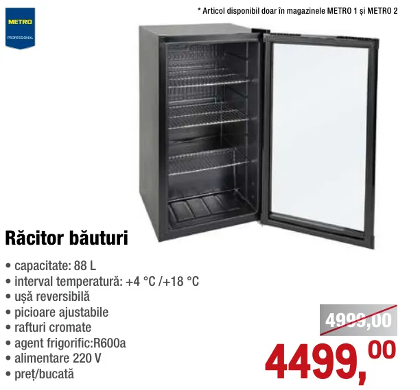METRO PROFESSIONAL Răcitor pentru băuturi; capacitate: 88 l; interval de temperatură: +4 °C / +18 °C; ușă reversibilă; picioare reglabile; rafturi cromate; agent frigorific: R600a; alimentare: 220 V