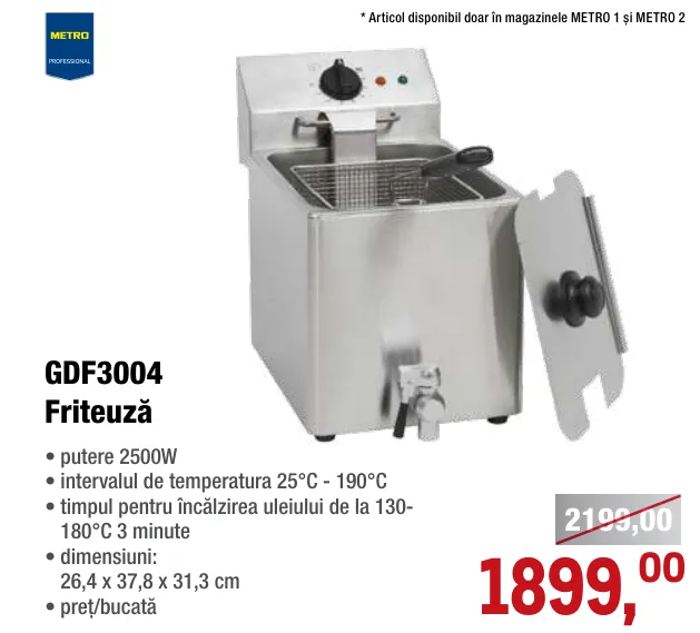 METRO PROFESSIONAL GDF3004 Фритюрница; мощность: 2500 Вт; диапазон температур: 25 °C–190 °C; время нагрева масла от 130 °C до 180 °C: 3 минуты; размеры: 26,4 × 37,8 × 31,3 см