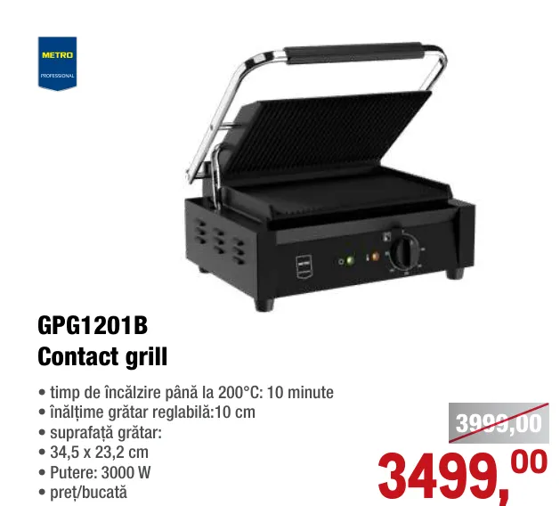 METRO PROFESSIONAL GPG1201B Контактный гриль; время нагрева до 200 °C: 10 минут; регулируемая высота: 10 см; поверхность гриля: 34,5 × 23,2 см; мощность: 3000 Вт