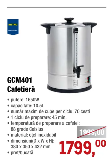 METRO PROFESSIONAL GCM401, кофеварка; мощность: 1650 Вт; вместимость: 10,5 л; максимум 70 чашек за цикл; длительность цикла: 45 мин.; температура приготовления: 88 °C; материал: нержавеющая сталь; размеры (Г × Ш × В): 380 × 350 × 432 мм