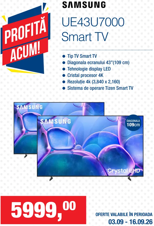 SAMSUNG UE43U7000 Смарт-телевизор; тип: Smart TV; диагональ 43″ (109 см); технология дисплея LED; процессор Crystal 4K; разрешение 4K (3840 × 2160); операционная система Tizen Smart TV