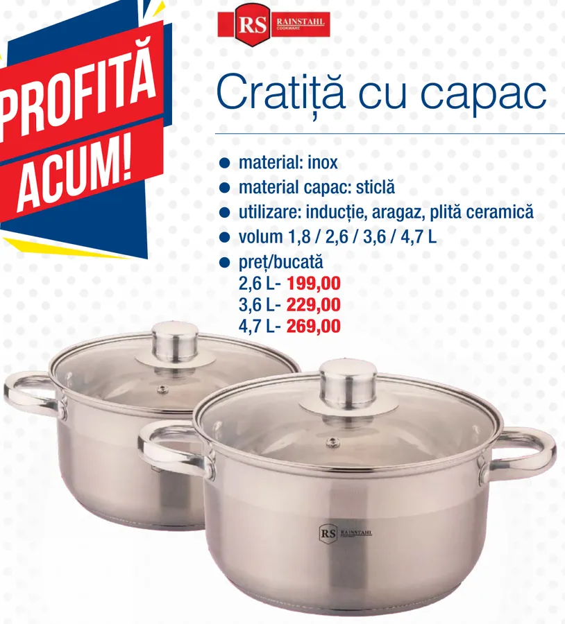 RAINSTAHL COOKWARE Кастрюля с крышкой; материал: нержавеющая сталь; материал крышки: стекло; подходит для индукционной, газовой и стеклокерамической плиты; объём 4,7 л