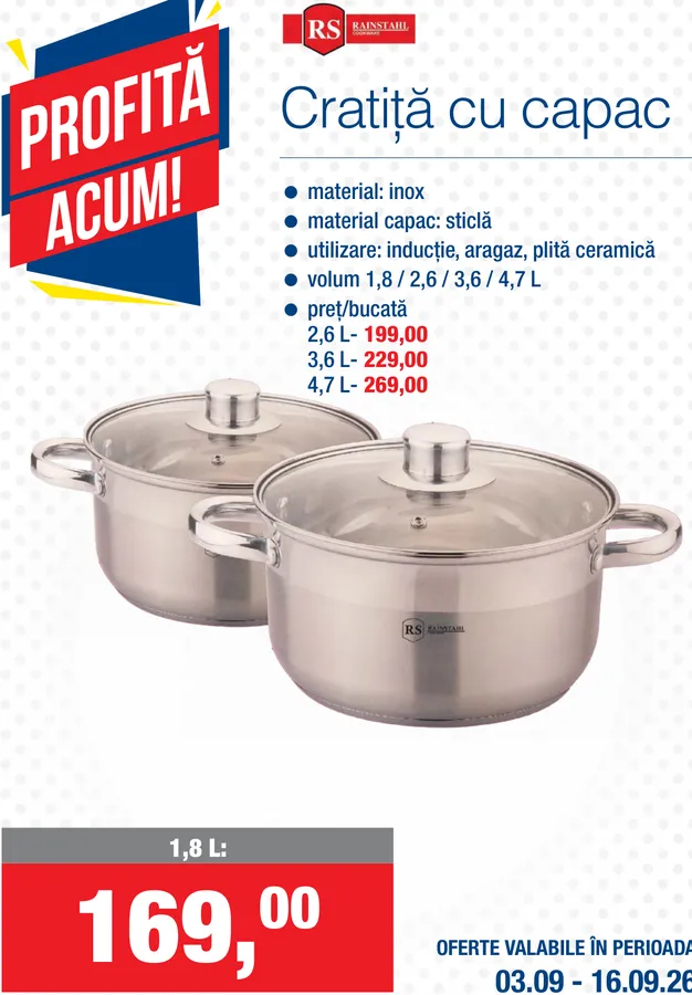 RAINSTAHL COOKWARE Кастрюля из нержавеющей стали со стеклянной крышкой, для индукционной, газовой и стеклокерамической плиты, объём 1,8 л