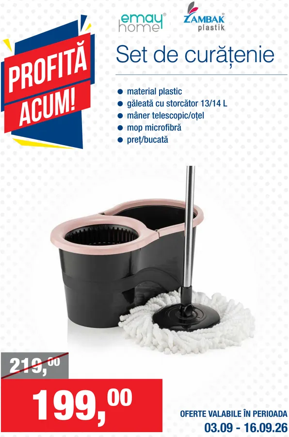 emay home / ZAMBAK plastik, набор для уборки; материал: пластик; ведро с отжимом 13/14 л; телескопическая стальная ручка; швабра из микрофибры