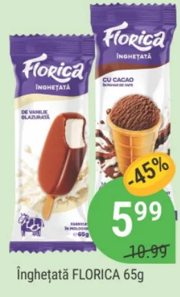 Мороженое FLORICA: ванильное в глазури / с какао в вафельном стаканчике, 65 г