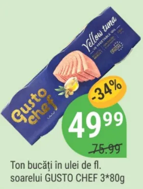 Тунець шматочками в соняшниковій олії GUSTO CHEF, 3 × 80 г