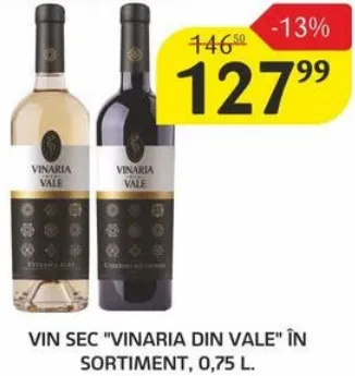 Vin sec VINARIA DIN VALE, în sortiment, 0,75 l