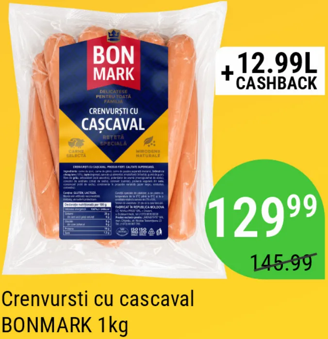 Crenvurști cu cașcaval BONMARK, 1 kg