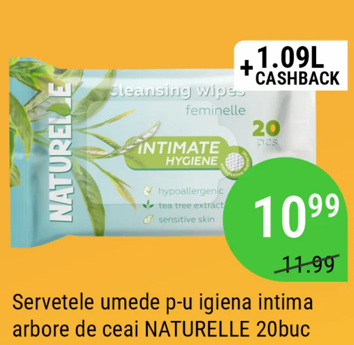 Влажные салфетки NATURELLE для интимной гигиены, с чайным деревом, 20 шт.