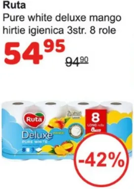 Туалетная бумага Ruta Pure White Deluxe Mango, 3 слоя, 8 рулонов