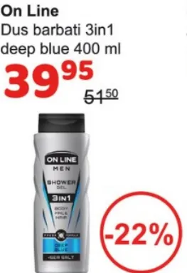 Gel de duș pentru bărbați On Line 3 în 1 Deep Blue, 400 ml