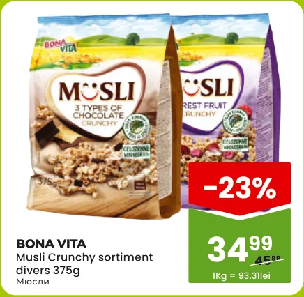 Musli crocant BONA VITA, sortimente diverse, 375 g