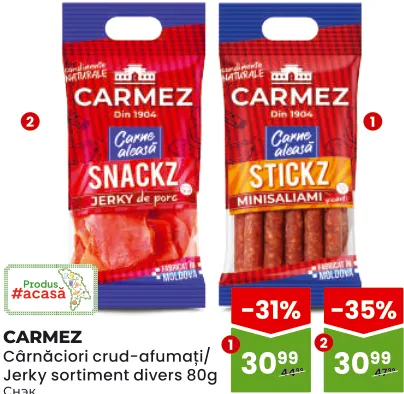 CARMEZ Cârnăciori crud-afumați / jerky în sortiment, 80 g