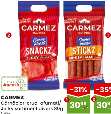CARMEZ Cârnăciori crud-afumați / jerky în sortiment, 80 g
