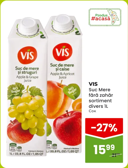 VIS Suc de mere fără zahăr, în sortiment, 1 l