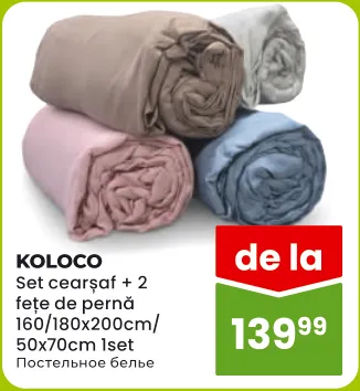 KOLOCO Set: cearșaf + 2 fețe de pernă, 160/180 × 200 cm / 50 × 70 cm, 1 set