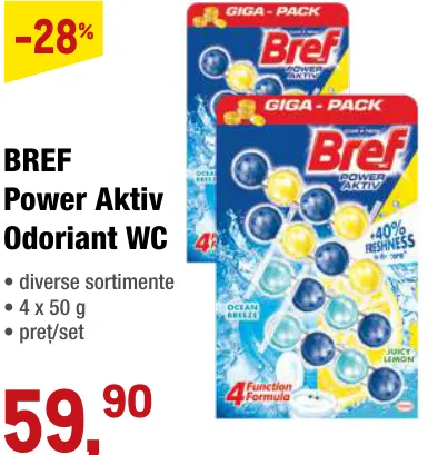 BREF Power Aktiv — освежитель для унитаза, в ассортименте, 4 × 50 г