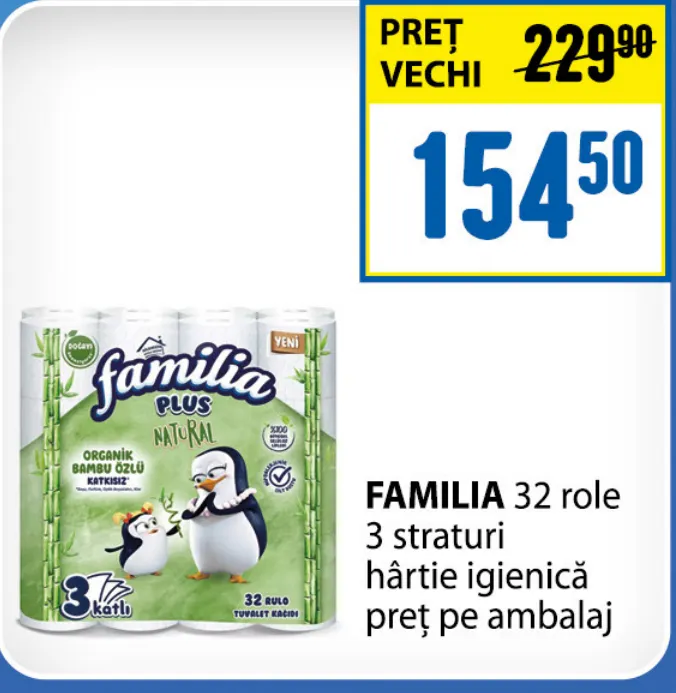 Hârtie igienică FAMILIA, 3 straturi, 32 de role, preț per ambalaj